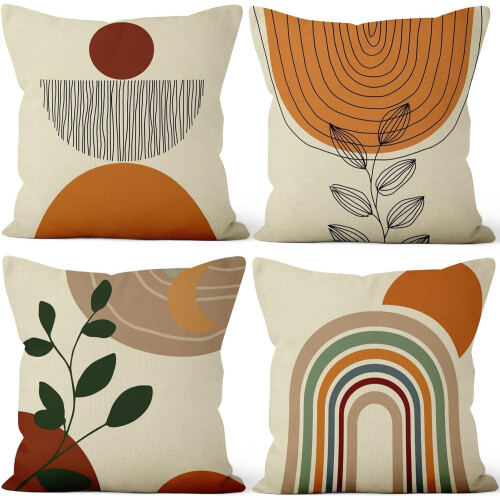 Conjunto de 4 capas de almofada boho em algodão e linho, 45x45cm (18x18 polegadas).