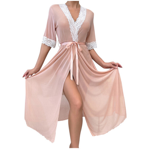 Roze damesbadjas van polyester met kanten afwerking, maat SL