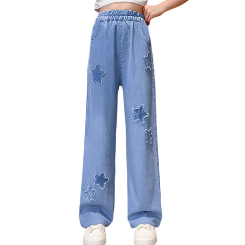 Mädchen-Jeans, hellblau, weites Bein, elastischer Bund, Größe 8-10 Jahre