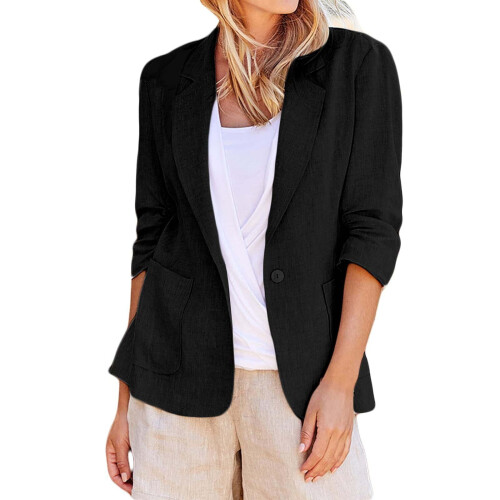 Damen-Leinenblazer, 3/4-Ärmel, schwarz 1