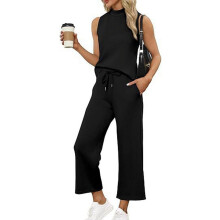 Women's Summer Two-Piece Set Mock Neck Top and Wide-Leg