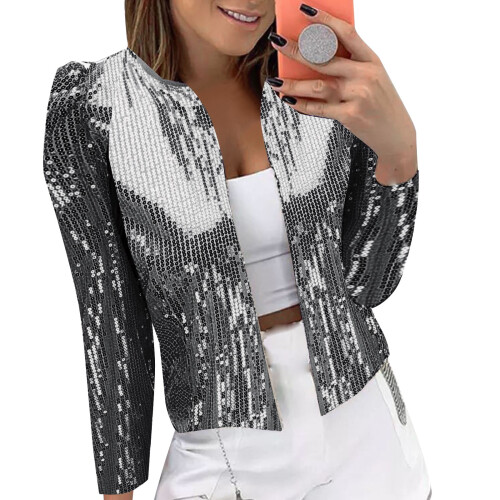 Blazer da donna con paillettes, maniche lunghe, taglio corto