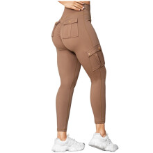 Calça legging feminina de cintura alta para ioga com bolsos, cáqui, tamanho M.