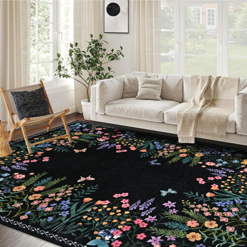 Washable Floral Botanical Area Rug 6'x9' Black 1