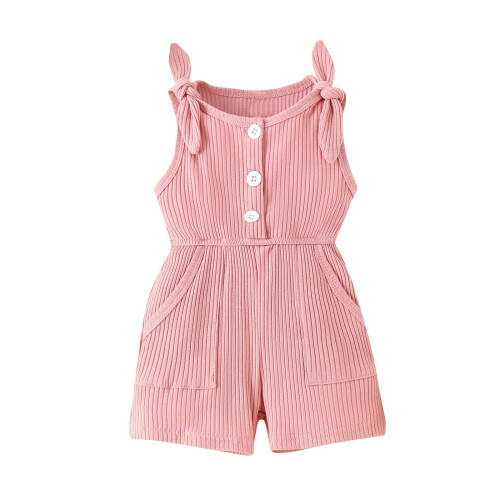 Girls' Summer Bow-Strap Romper Solid Color Elastic Waist