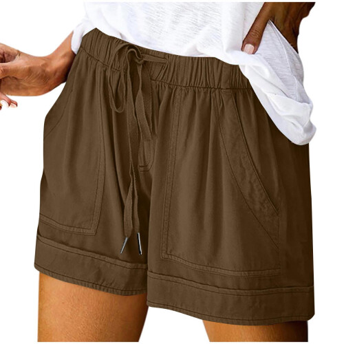 Brune dameshorts i hør med snøre og elastik i plus size 1
