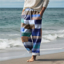 Pantaloni de in pentru bărbați, de vară, respirabili, cu model geometric, albaștri