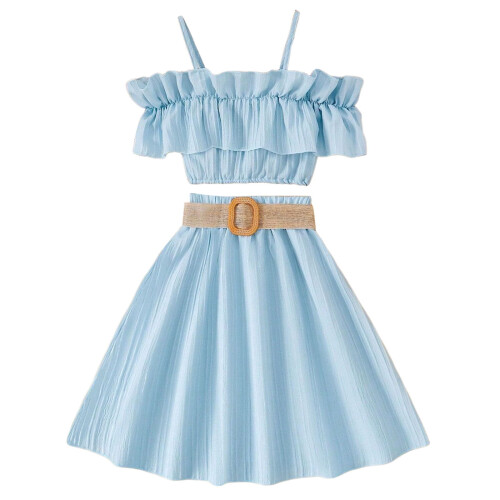 Ediodpoh Mädchen Freizeit-3-teiliges Set Blau Ärmellos Rüschen