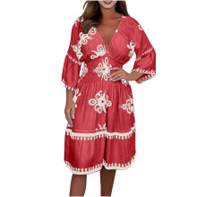 Plus Size Women's 3/4 Sleeve Deep V-Neck Dress Fashion Printed Pleated Midi Dresses Waist Swing Dress