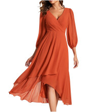 Chiffon-Midikleid für Damen mit V-Ausschnitt, langen Ärmeln und Falten in A-Linie