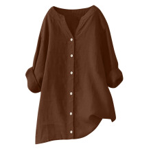 Blusa túnica de algodón y lino para mujer, cuello en V, manga tres cuartos.