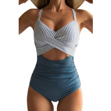 Maiô feminino azul listrado de uma peça com controle de barriga
