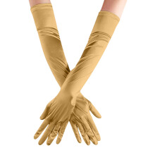 Luvas femininas de cetim dourado, tamanho único, para festa.