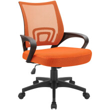 Silla de escritorio de oficina con respaldo medio, soporte lumbar y reposabrazos de malla.
