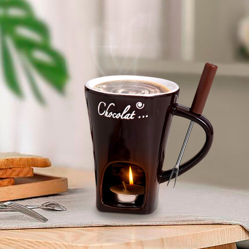 Conjunto de caneca para fondue, caneca de chocolate marrom com garfos e velas.