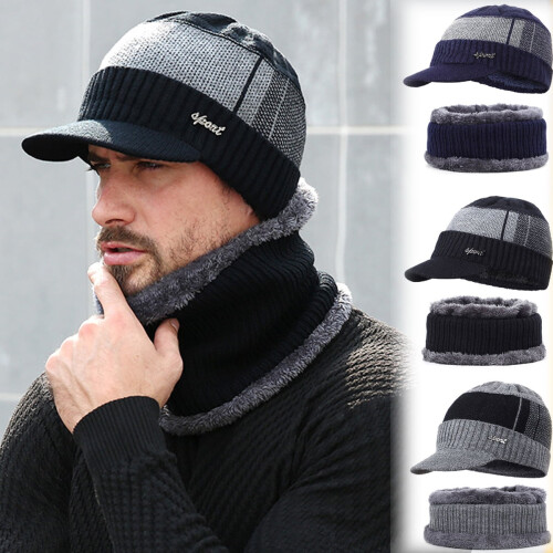 Wintermütze und Schal-Set für Herren mit Schirm