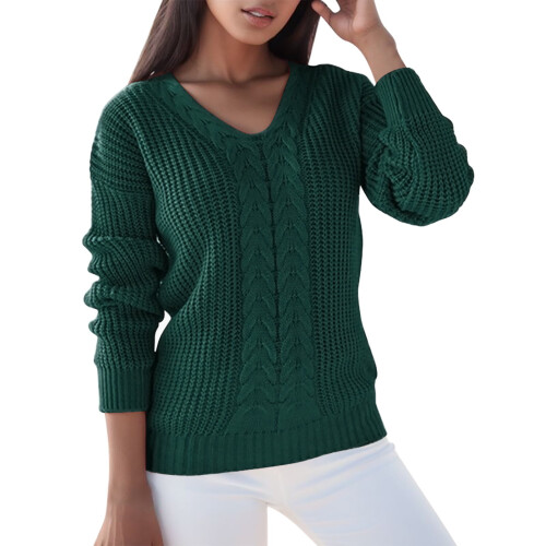 Suéter feminino de malha lisa com decote em V e mangas compridas.