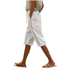 Shorts femininos casuais de verão em algodão e linho, cintura alta.