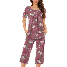 Women's Floral Henley Sleepwear Set - Short Sleeve Top and