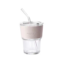 Pahar transparent din sticlă cu pereți dubli, capac și pai, 12 oz