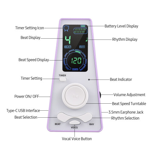 Metronome for Piano Violin Drum Purple Light USB Battery 2