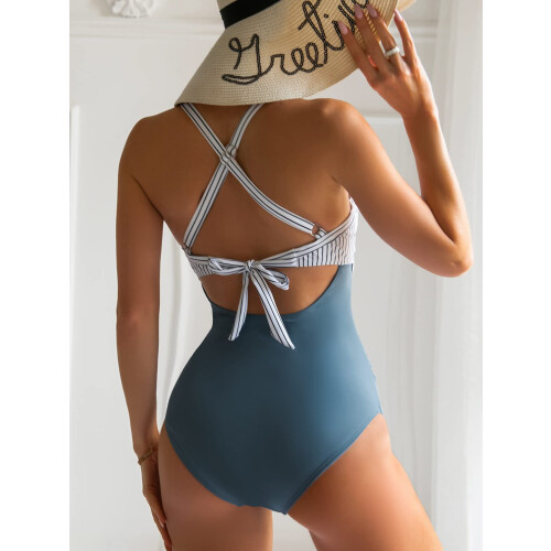 Damen-Badeanzug, blau gestreift, mit Bauchkontrolle 2