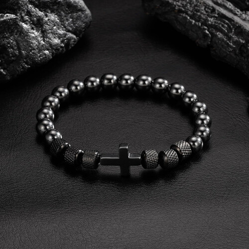 Herrarmband med kors av obsidianpärlor, 20 cm 1