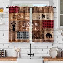 Rideaux de cuisine rétro en bois style ferme, motif ours et orignal rustiques