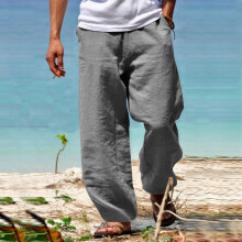 Herren-Hose aus Baumwoll-Leinen-Mischgewebe mit weitem Bein, Grau