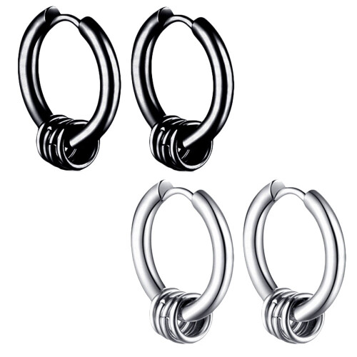 Rustfri Stål Huggie Hoop Øreringe 2 Par Sort og Stål