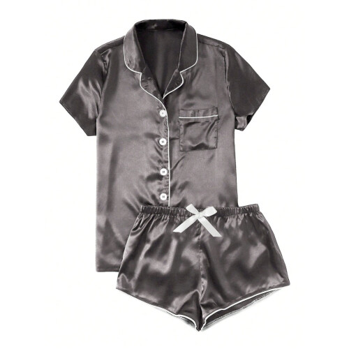 Damen-Satin-Pyjama-Set, Schwarz, Größe S