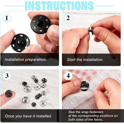 Snap Buttons for Sewing 12 Sets Metal Silver Black 19mm 2