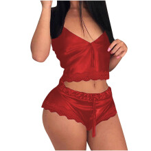 Damen-Spitzenwäsche-Set, bestehend aus rotem ärmellosem Top und kurzen Höschen