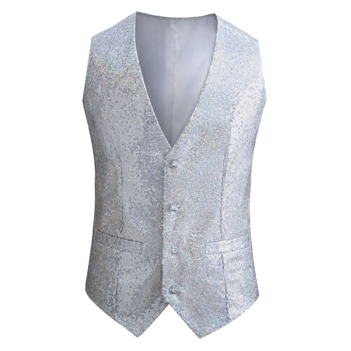 Men's Sparkly Sequin Vest Single-Breasted Sleeveless Silver