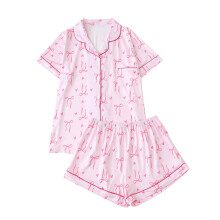 Women's pink bow print pajama set short sleeve with pocket