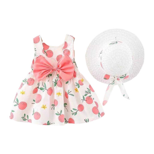 Mädchen Sommerkleid mit Fruchtmuster, gerafft, ärmellos, mit Hut