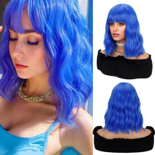 Natural Wavy Bob Wig with Bangs Blue 14 Inch 1
