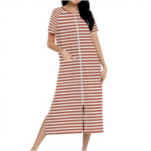 Women's striped zip-up fleece robe with pockets, S-2XL