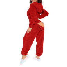 Dames jumpsuit/pyjama met capuchon van imitatiewol, rood, maat