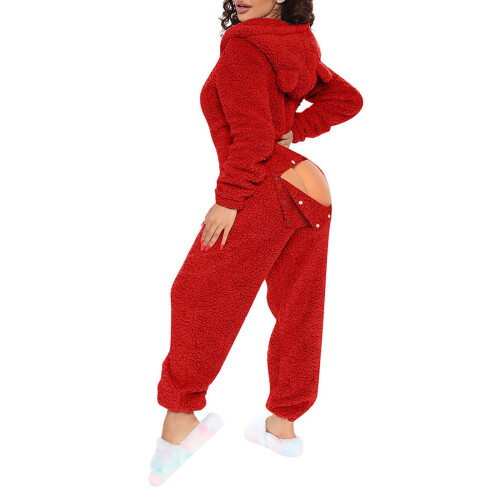 Dames jumpsuit/pyjama met capuchon van imitatiewol, rood, maat
