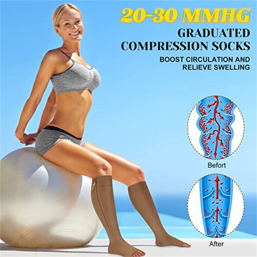 Compression Socks Open Toe20-30mmHg Wide Calf1Pair Beige 2