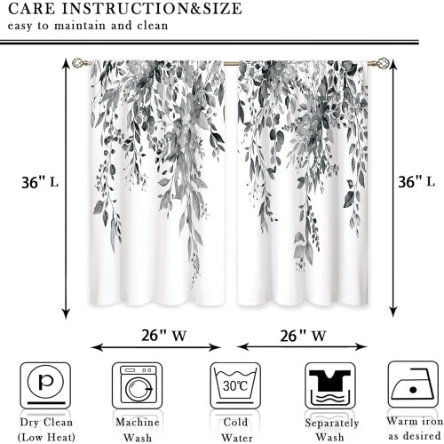Cortinas de cozinha com estampa floral cinza de eucalipto, 66 x 91 cm (26 x 36 polegadas) 1