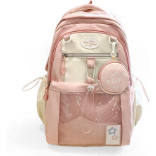 Mochila rosa kawaii com bolsinha em formato de estrela e bolso transparente.