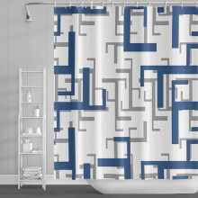Geometrisk duschdraperi Vit Blå Grå 180x225 cm
