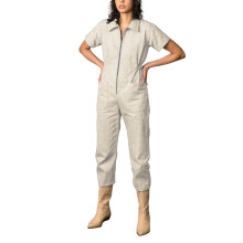 Dames cropped utility jumpsuit beige met korte mouwen en ritssluiting