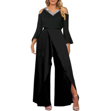 Dame pailletter jumpsuit V-hals vide ben klokkeærmer sort