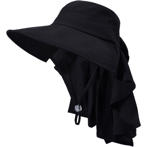 Chapéu de sol feminino com aba larga, proteção UPF50+, protetor de pescoço e laço.
