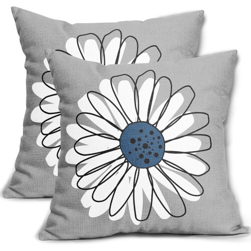 Fodere per cuscini con margherite azzurre e bianche, 18x18 cm, in lino, set da 2 pezzi