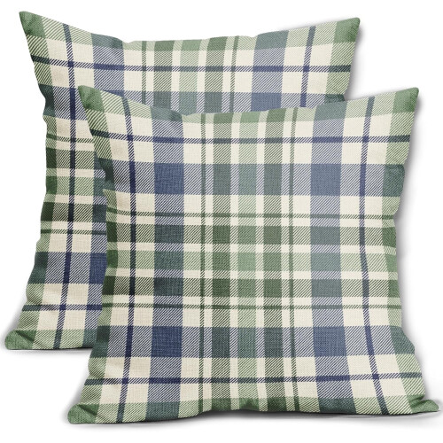 Fodere per cuscini a quadri blu, verde salvia e verde, 16x16 cm, set da 2