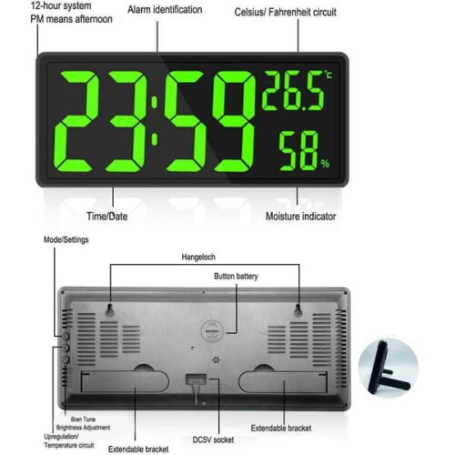 Digital wall clock with LED display, temperature and 2